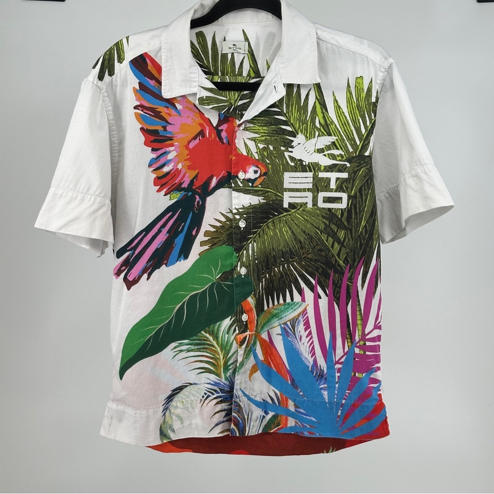 Etro Men's Small Parrot Print Shirt - White and Multicolor Cotton Camp‎ Vibrant